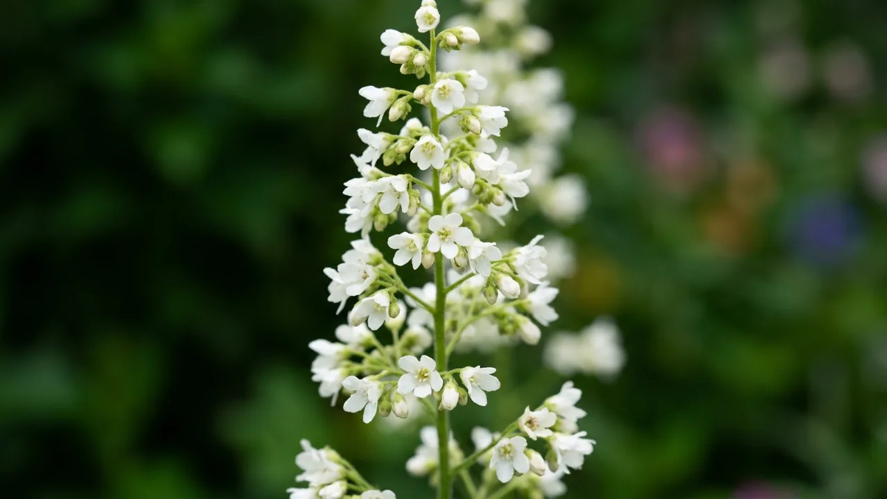 Island Alumroot (Heuchera maxima) - white flowers, illustrated plant card