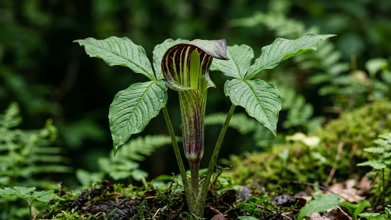 Jack-in-the-Pulpit (Arisaema triphyllum) - purple flowers, illustrated plant card