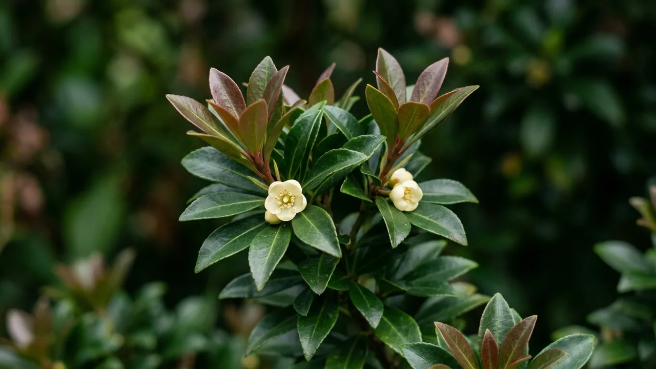 Japanese Cleyera (Ternstroemia gymnanthera) - white flowers, illustrated plant card