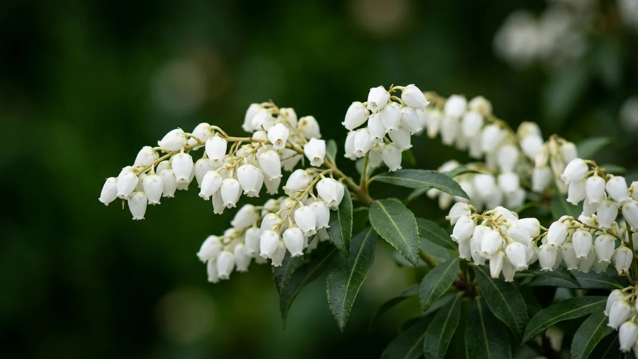 Japanese Pieris (Pieris japonica) - white flowers, illustrated plant card