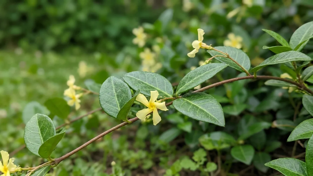 Asiatic Jasmine (Trachelospermum asiaticum) - white flowers, illustrated plant card