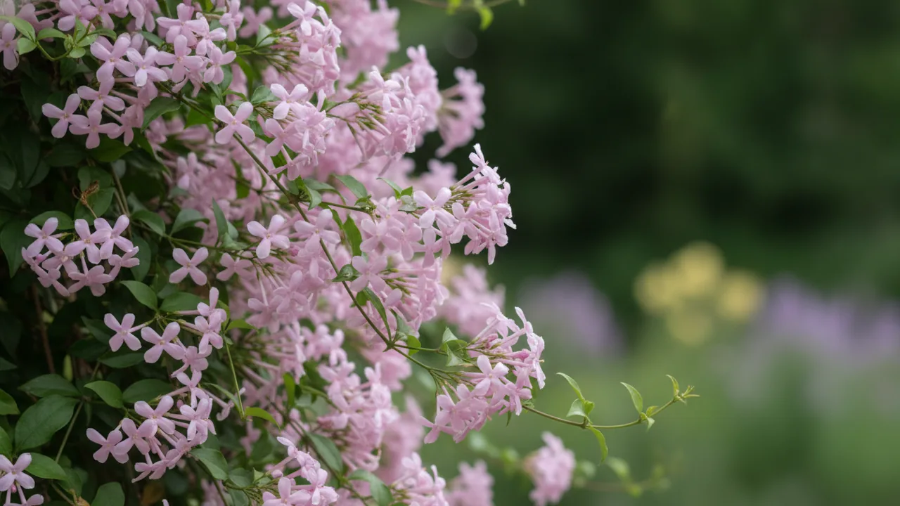 Pink Jasmine (Jasminum polyanthum) - pink flowers, illustrated plant card