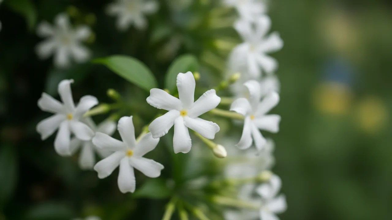 Star Jasmine (Trachelospermum jasminoides) - white flowers, illustrated plant card
