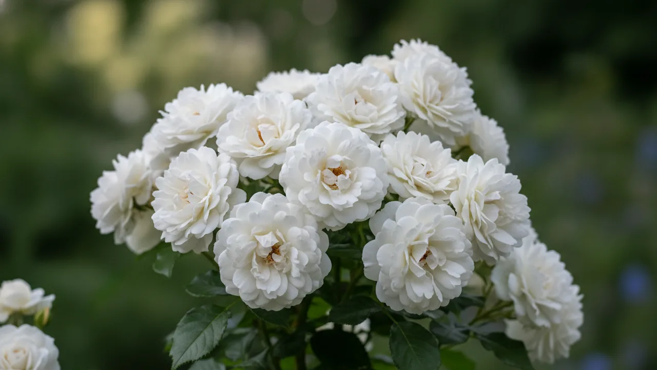 Jeanne Moreau (Rosa 'Meidiaphaz') - white flowers, illustrated plant card