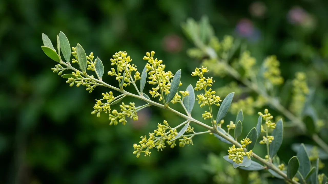 Jojoba (Simmondsia chinensis) - yellow flowers, illustrated plant card