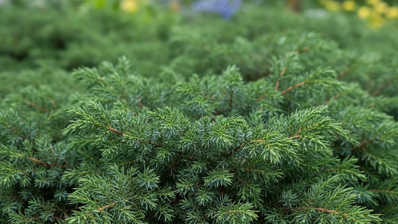 Blue Rug Juniper (Juniperus horizontalis 'Wiltonii') - foliage plant, illustrated plant card