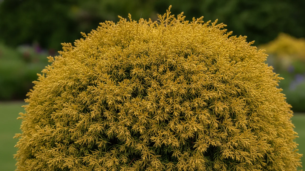 Gold Coast Juniper (Juniperus chinensis 'Gold Coast') - foliage plant, illustrated plant card