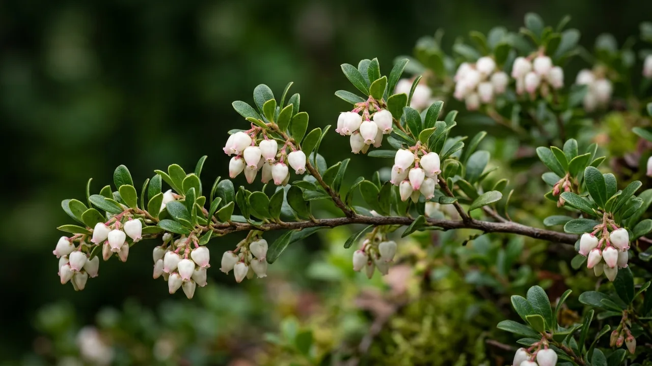 Kinnikinnick (Arctostaphylos uva-ursi) - white flowers, illustrated plant card