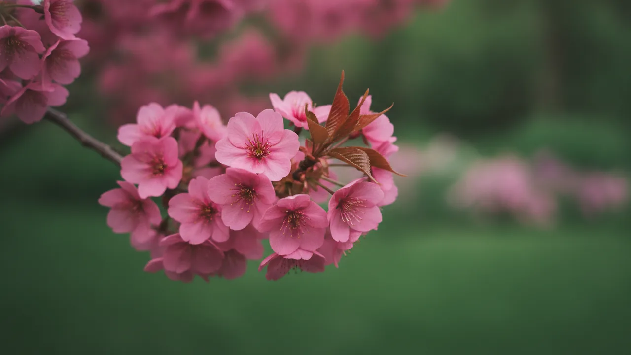 Kwanzan Cherry (Prunus serrulata 'Kanzan') - pink flowers, illustrated plant card