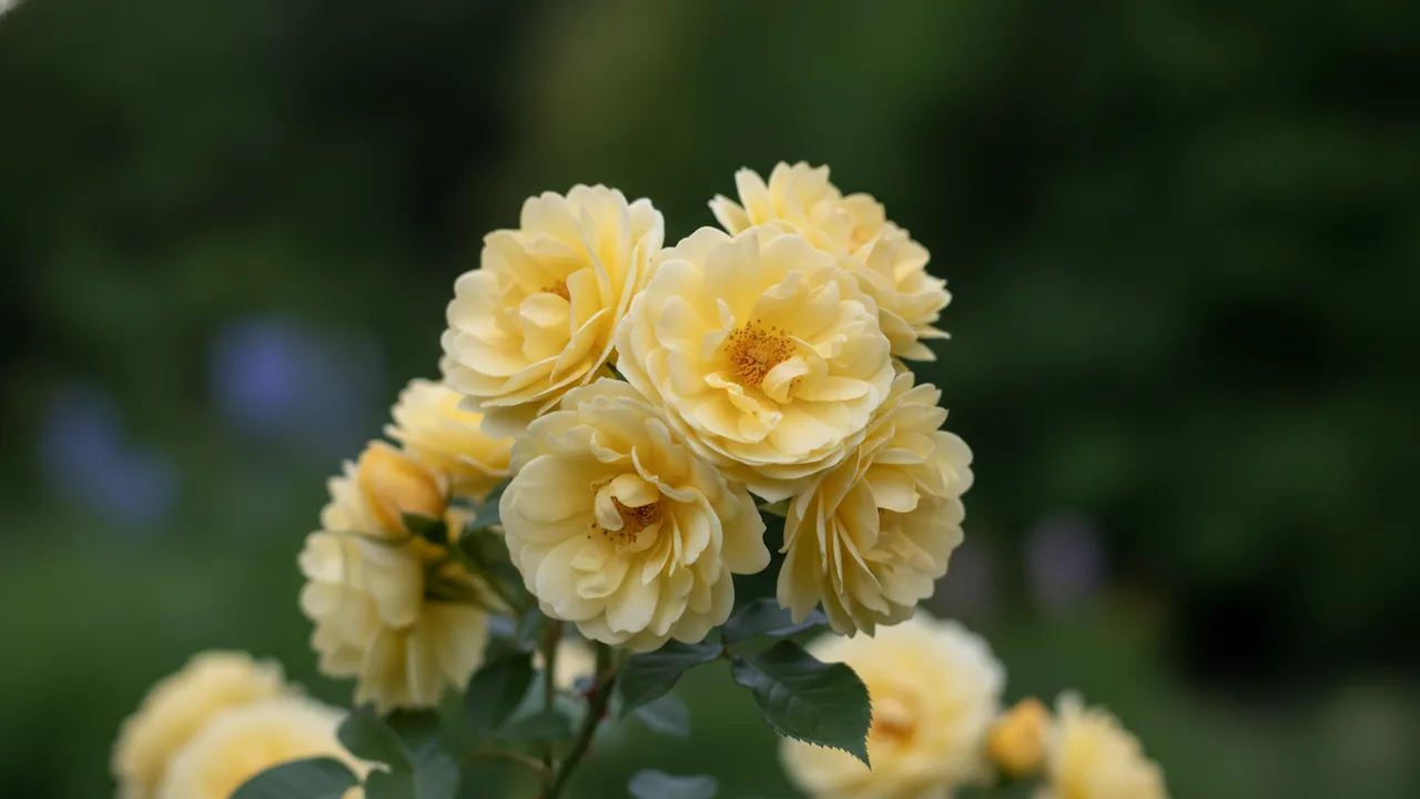 Lady Banks' Rose (Rosa banksiae) - yellow flowers, illustrated plant card