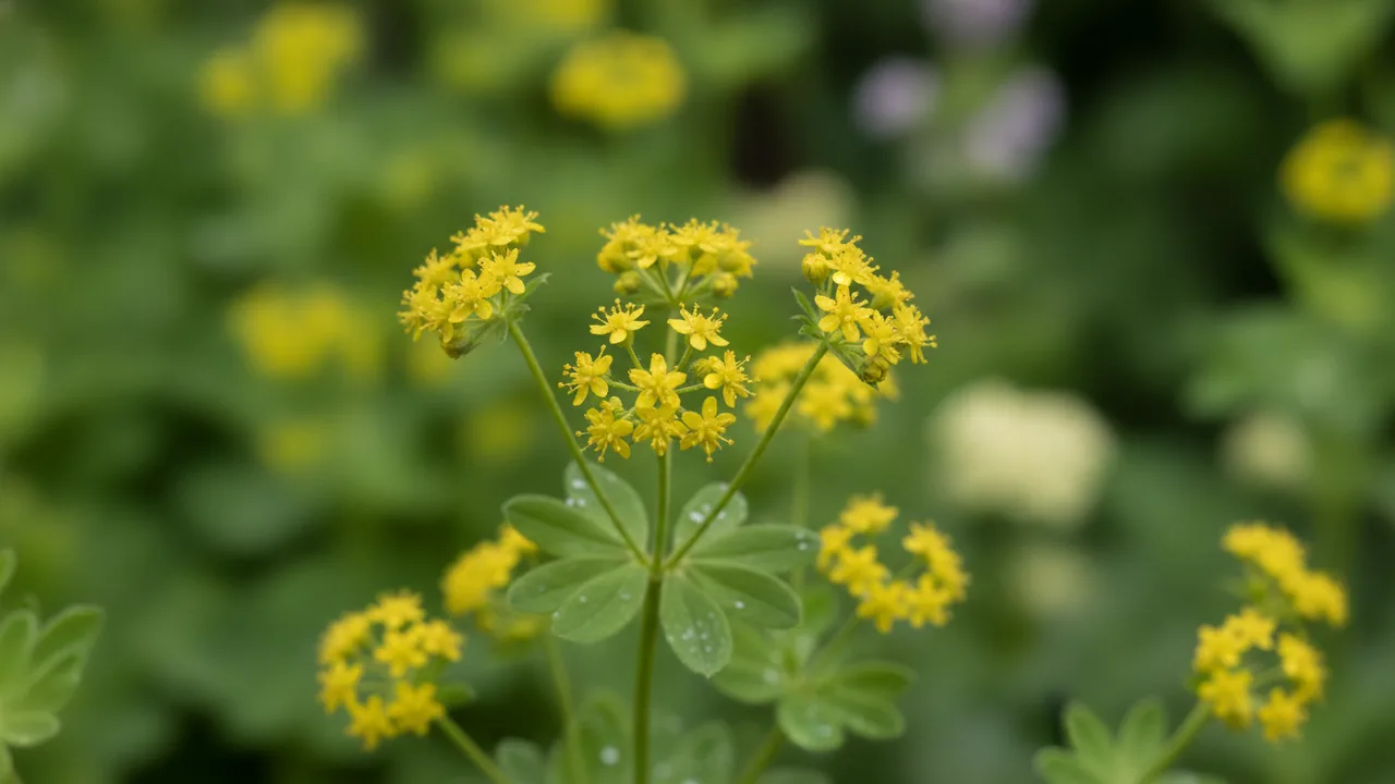 Lady's Mantle (Alchemilla mollis) - flowers, illustrated plant card