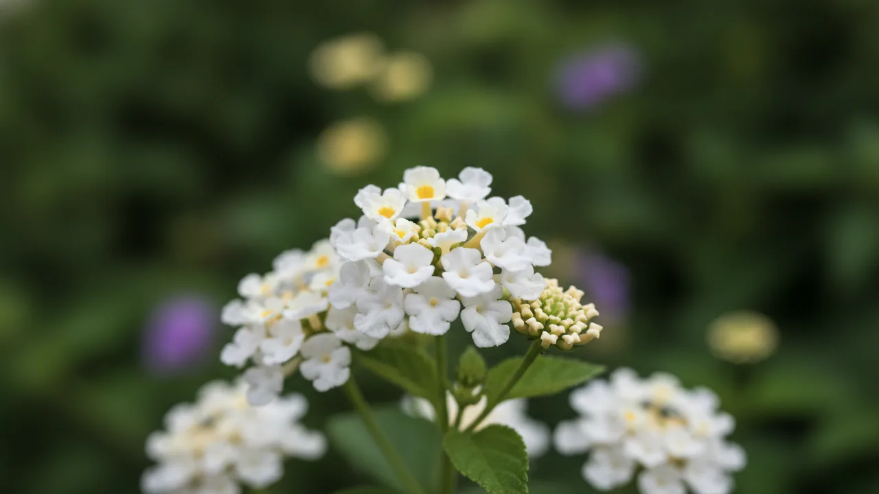 Lucky White (Lantana camara 'Lucky White') - white flowers, illustrated plant card