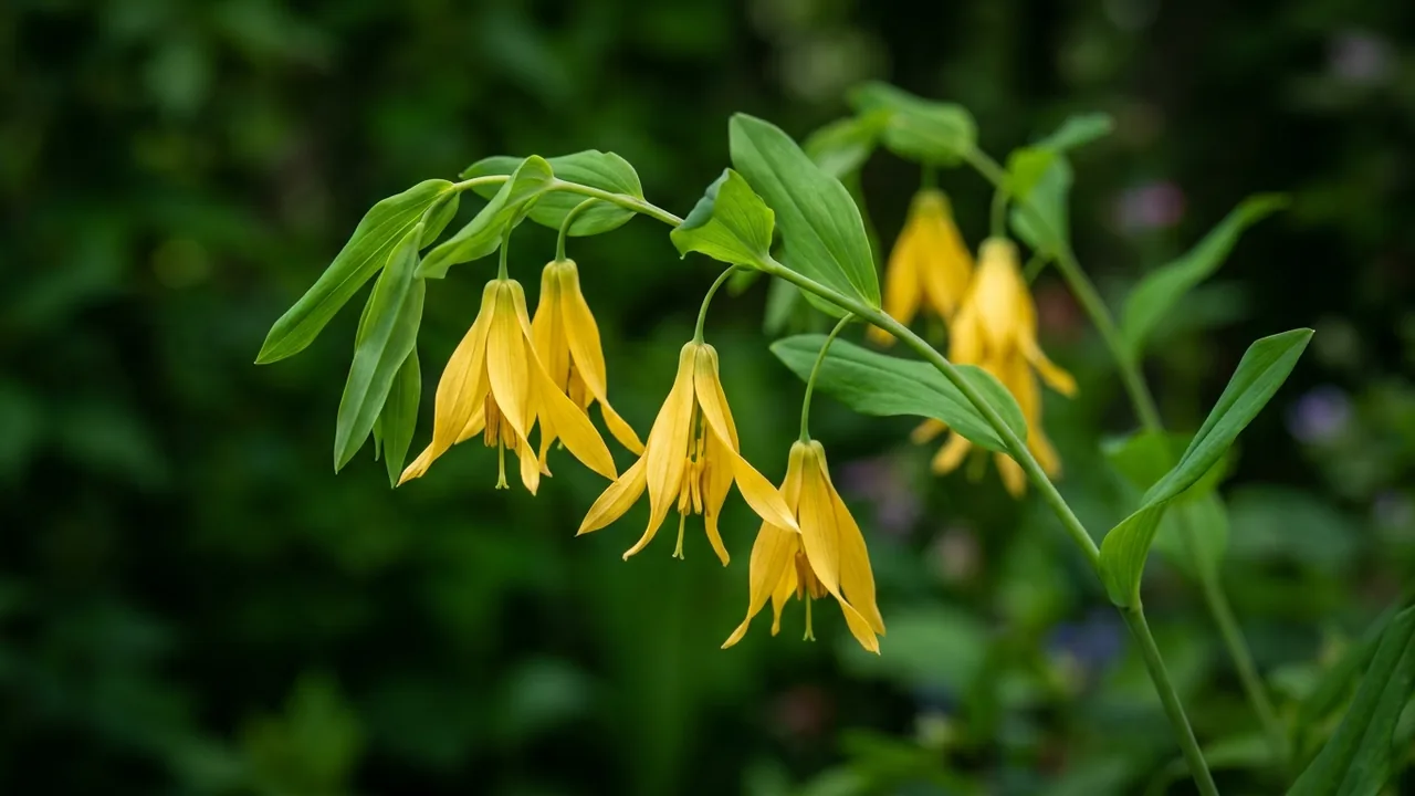 Large-Flowered Bellwort (Uvularia grandiflora) - yellow flowers, illustrated plant card