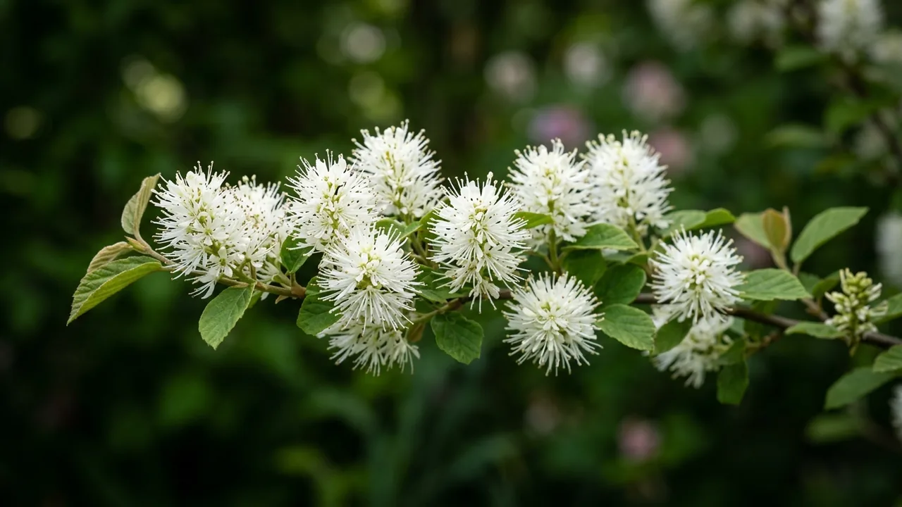 Large Fothergilla (Fothergilla major) - white flowers, illustrated plant card