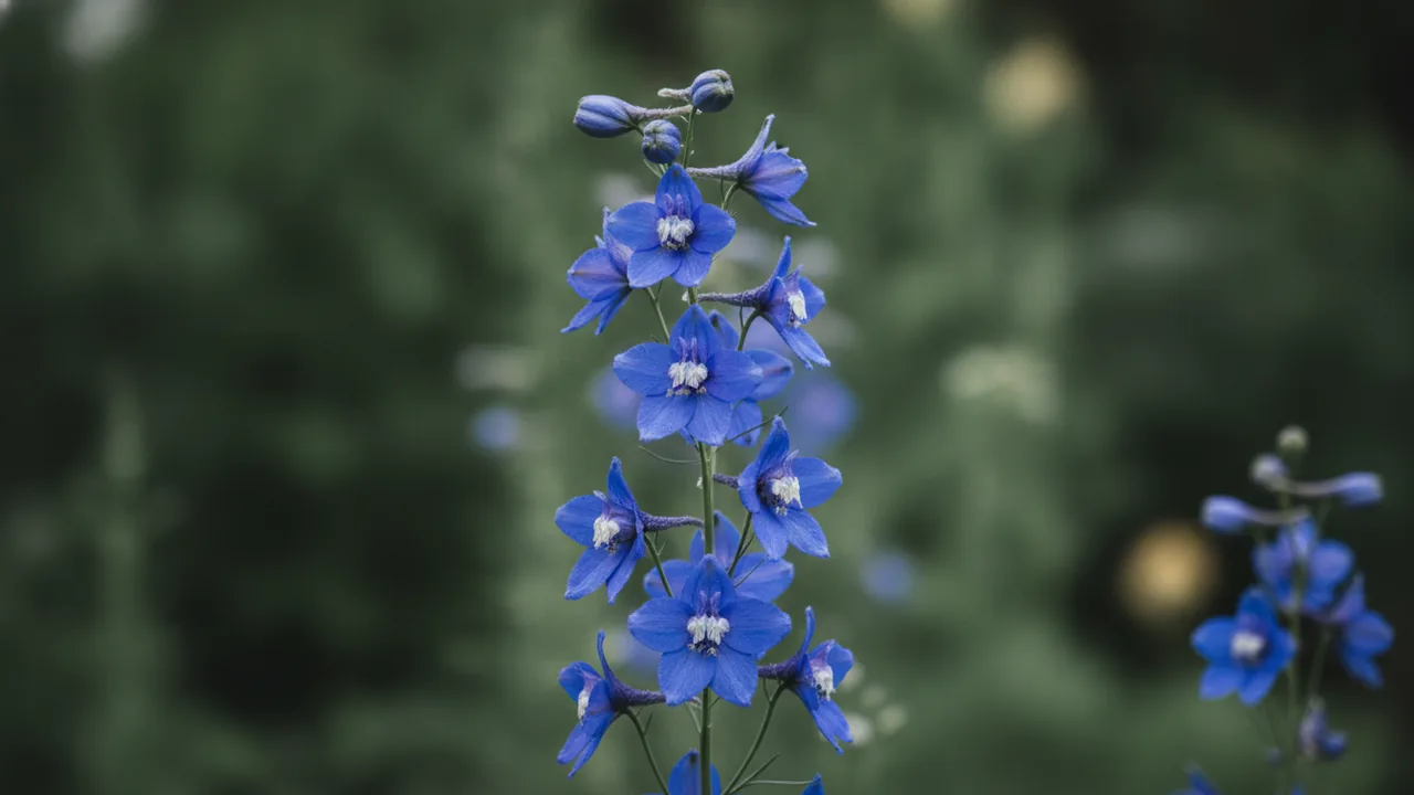 Blue Larkspur (Consolida ajacis) - blue flowers, illustrated plant card