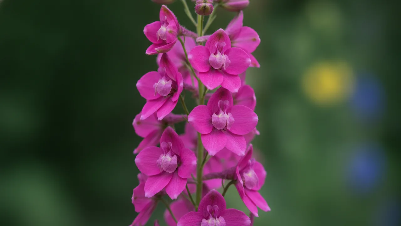 Pink Larkspur (Consolida ajacis) - pink flowers, illustrated plant card