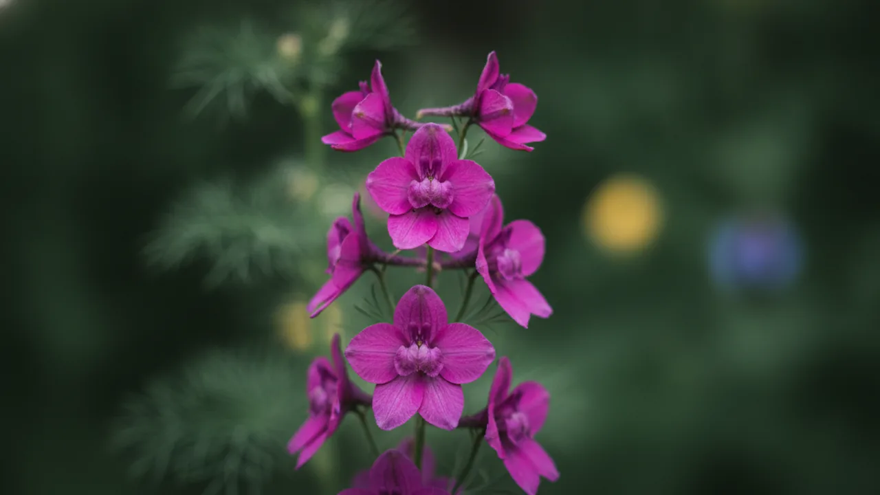 Rose Larkspur (Consolida ajacis) - pink flowers, illustrated plant card