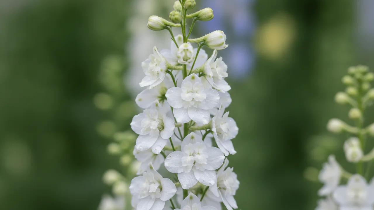White Larkspur (Consolida ajacis) - white flowers, illustrated plant card