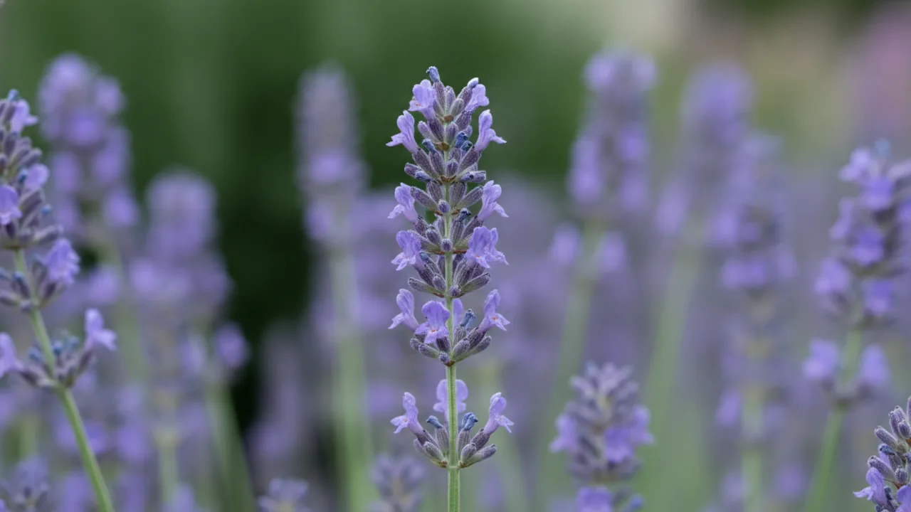 Hidcote (Lavandula angustifolia 'Hidcote') - purple flowers, illustrated plant card