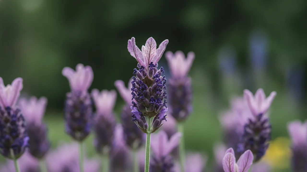 Spanish Lavender (Lavandula stoechas) - purple flowers, illustrated plant card