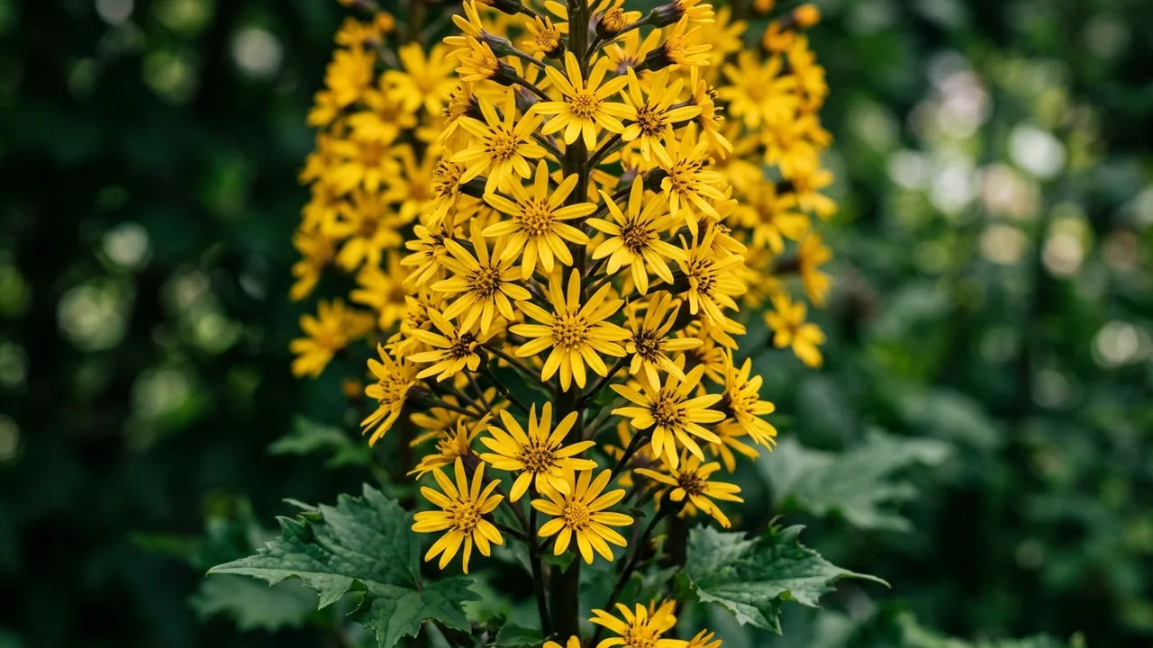 Bottle Rocket Ligularia (Ligularia 'Bottle Rocket') - yellow flowers, illustrated plant card
