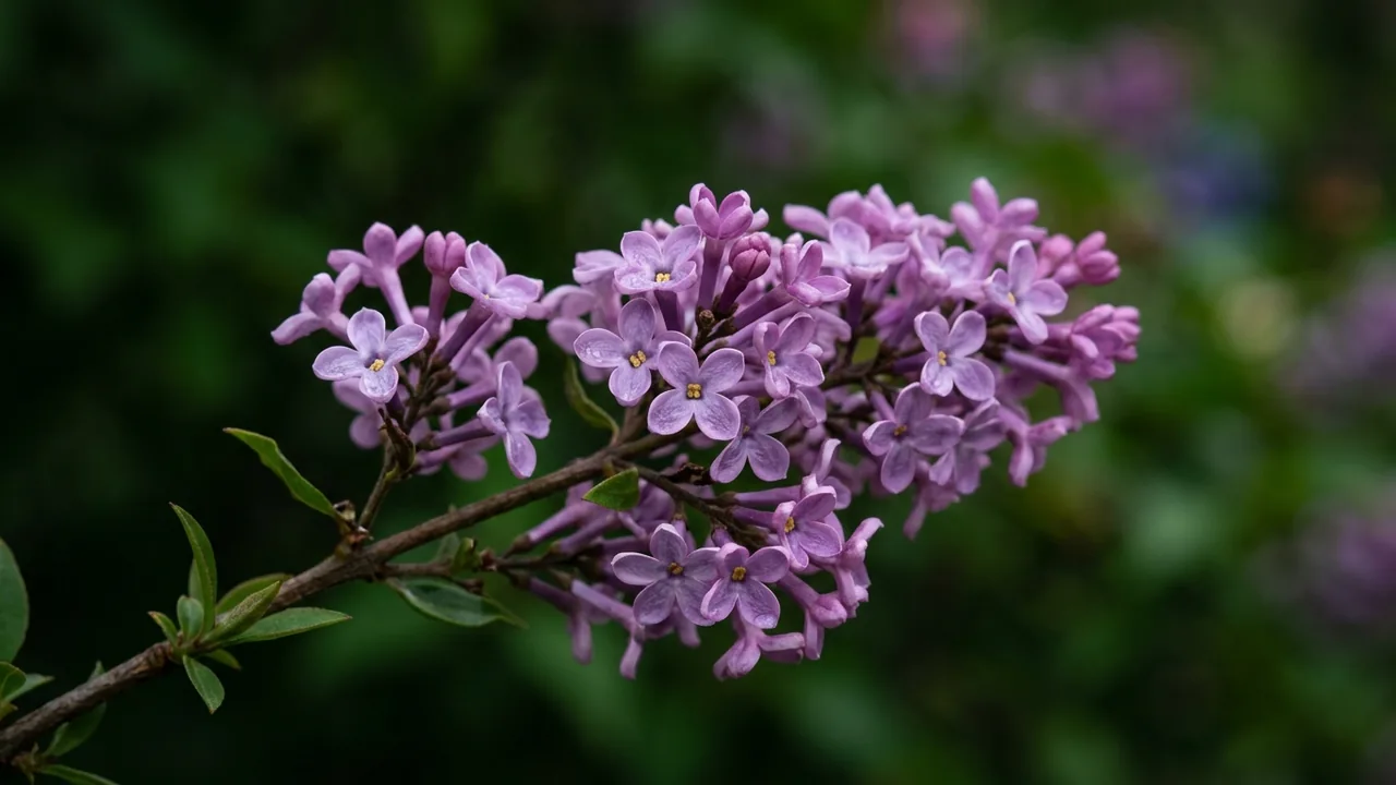 Baby Kim Lilac (Syringa 'SMNSDTP') - purple flowers, illustrated plant card