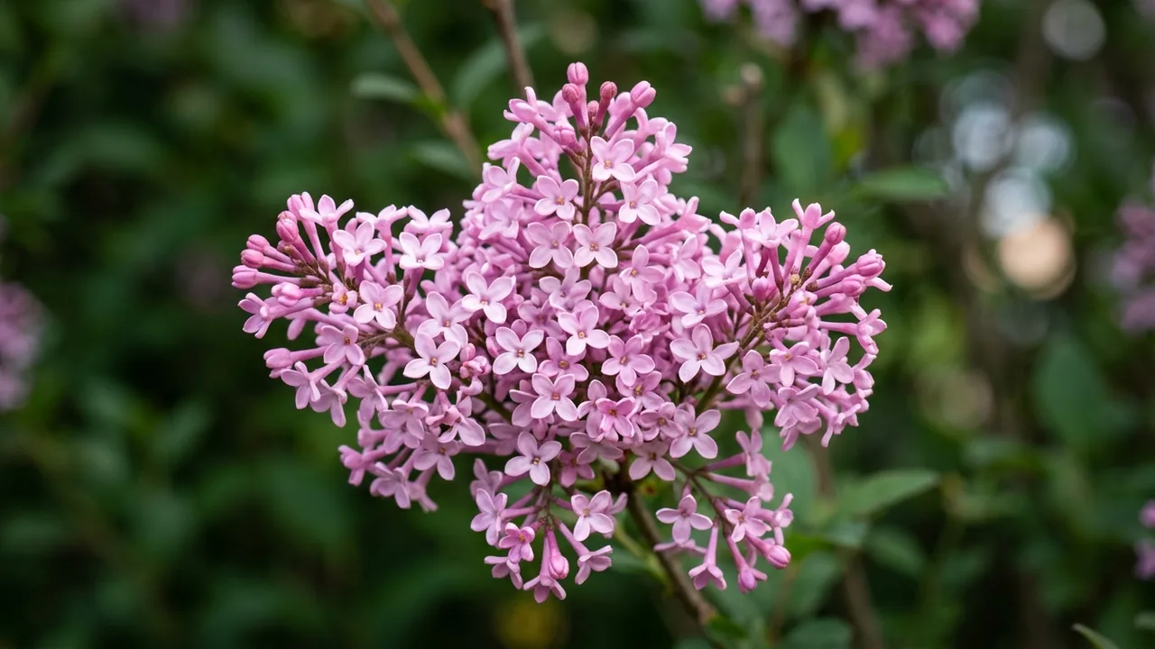 Dwarf Korean Lilac (Syringa meyeri 'Palibin') - pink flowers, illustrated plant card