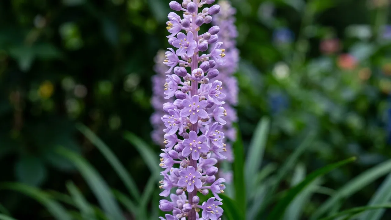 Big Blue Lilyturf (Liriope muscari 'Big Blue') - purple flowers, illustrated plant card