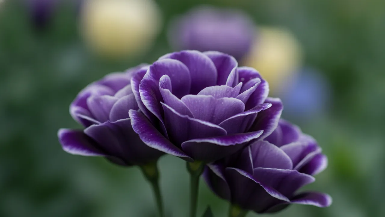 Picotee Lisianthus (Eustoma grandiflorum) - purple flowers, illustrated plant card