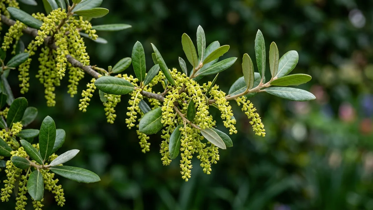 Live Oak (Quercus virginiana) - yellow flowers, illustrated plant card