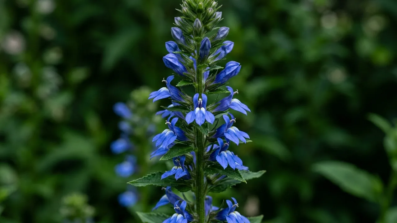 Great Blue Lobelia (Lobelia siphilitica) - blue flowers, illustrated plant card