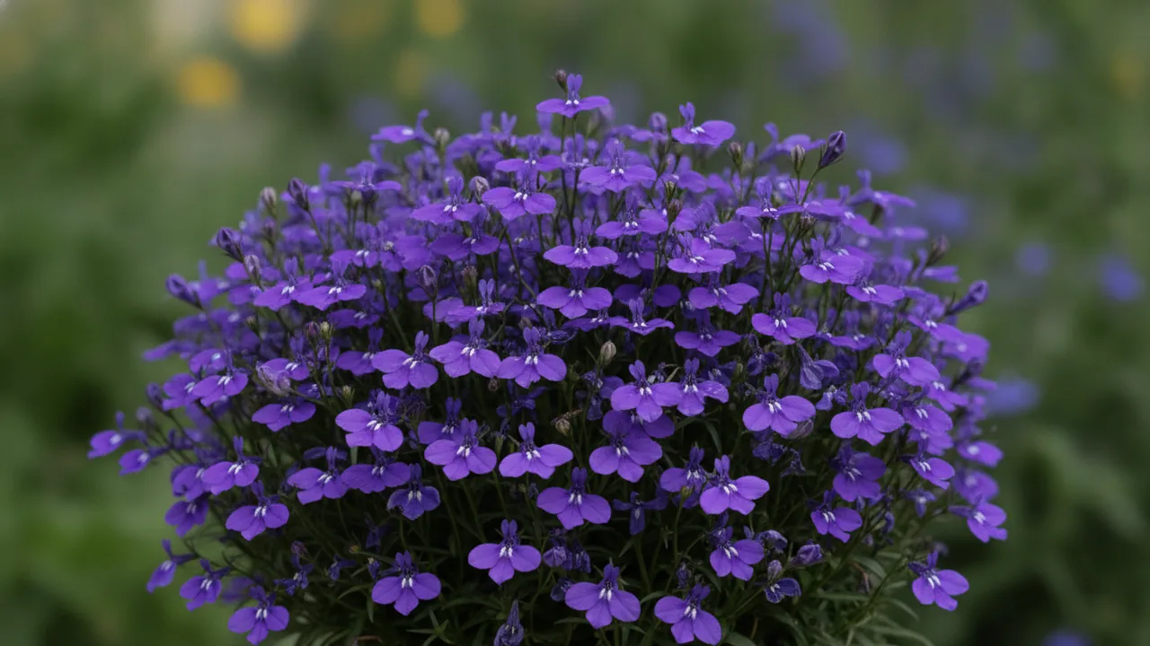 Lilac Lobelia (Lobelia erinus) - purple flowers, illustrated plant card