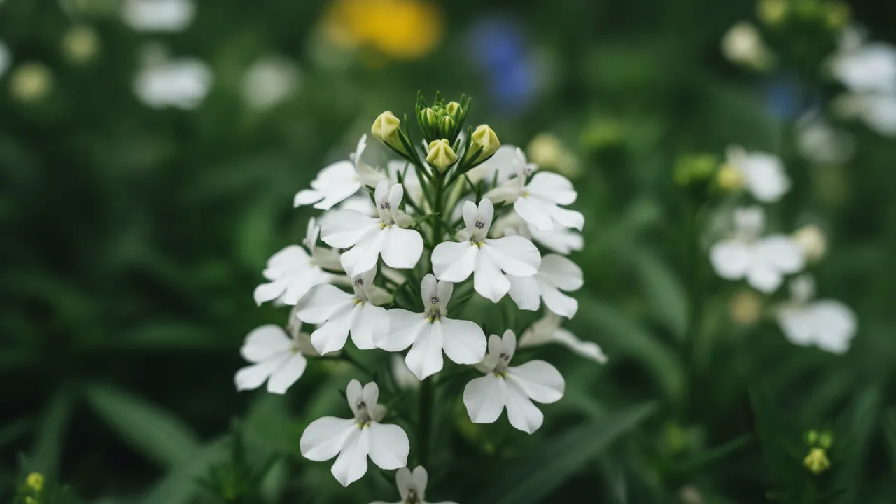 White Lobelia (Lobelia erinus) - white flowers, illustrated plant card