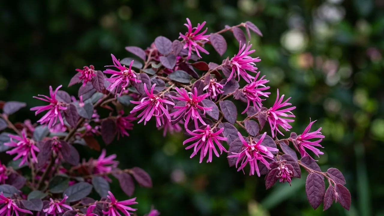 Purple Pixie Loropetalum (Loropetalum chinense 'Peack') - foliage plant, illustrated plant card