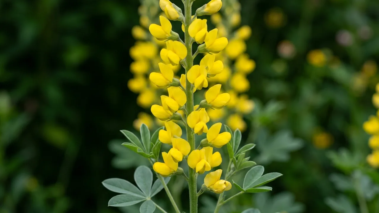 Carolina Lupine (Thermopsis villosa) - yellow flowers, illustrated plant card