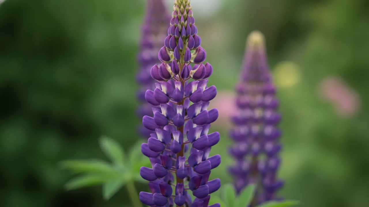 Masterpiece (Lupinus 'Masterpiece') - purple flowers, illustrated plant card