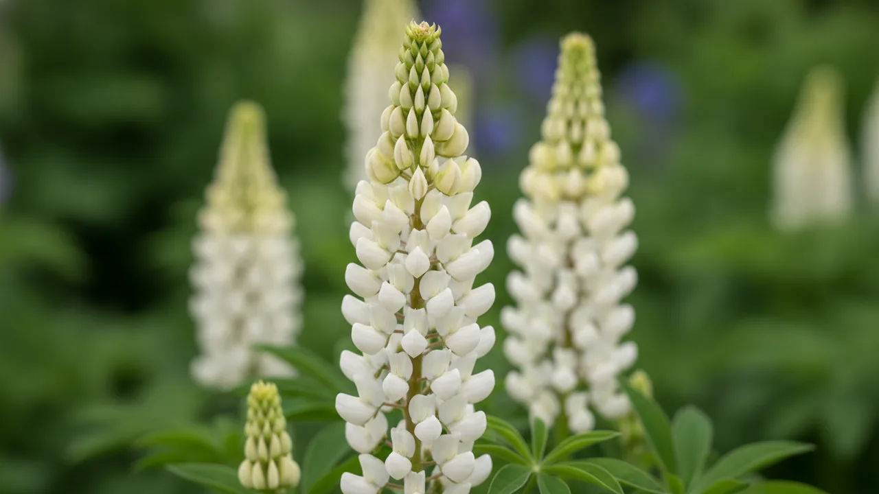 Noble Maiden (Lupinus 'Noble Maiden') - white flowers, illustrated plant card