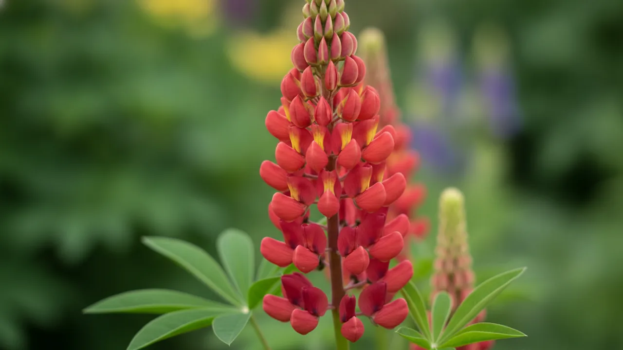 The Pages (Lupinus 'The Pages') - red flowers, illustrated plant card
