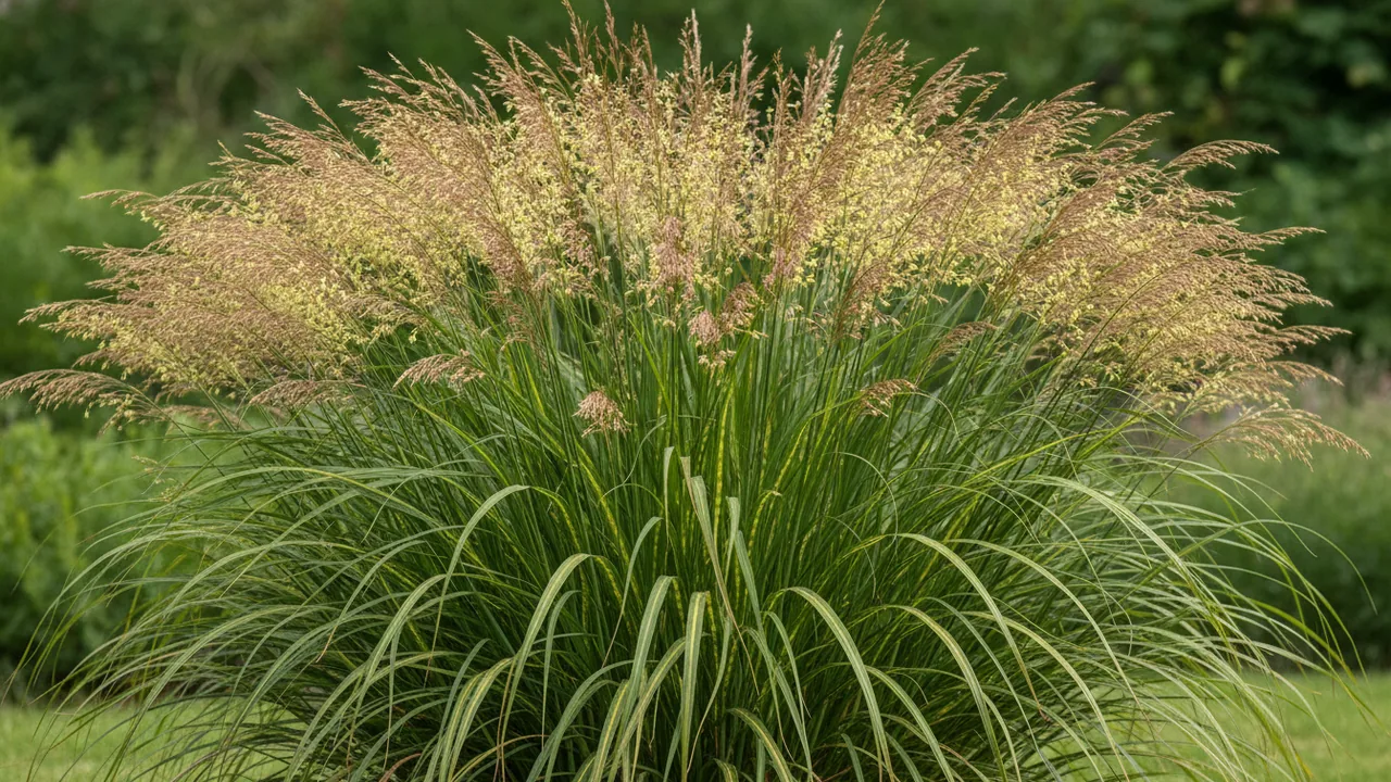 Zebra Grass (Miscanthus sinensis 'Zebrinus') - orange flowers, illustrated plant card