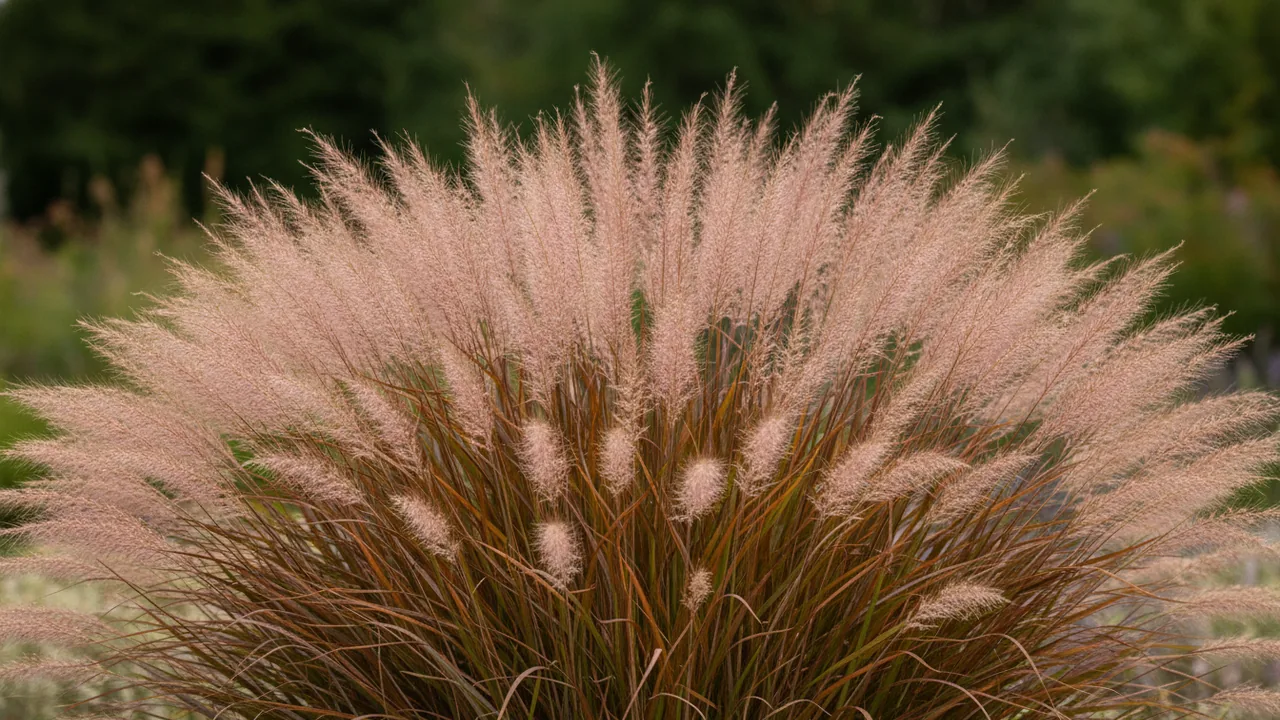 Flame Grass (Miscanthus sinensis var. purpurascens) - red flowers, illustrated plant card