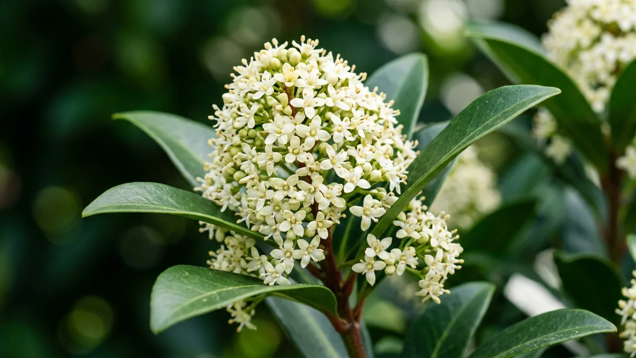 Male Skimmia (Skimmia japonica) - white flowers, illustrated plant card