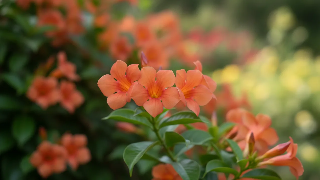 Sun Parasol Apricot (Mandevilla 'Sun Parasol Apricot') - orange flowers, illustrated plant card