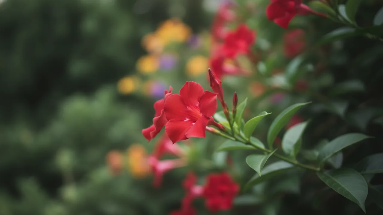 Sun Parasol Crimson (Mandevilla 'Sun Parasol Crimson') - red flowers, illustrated plant card