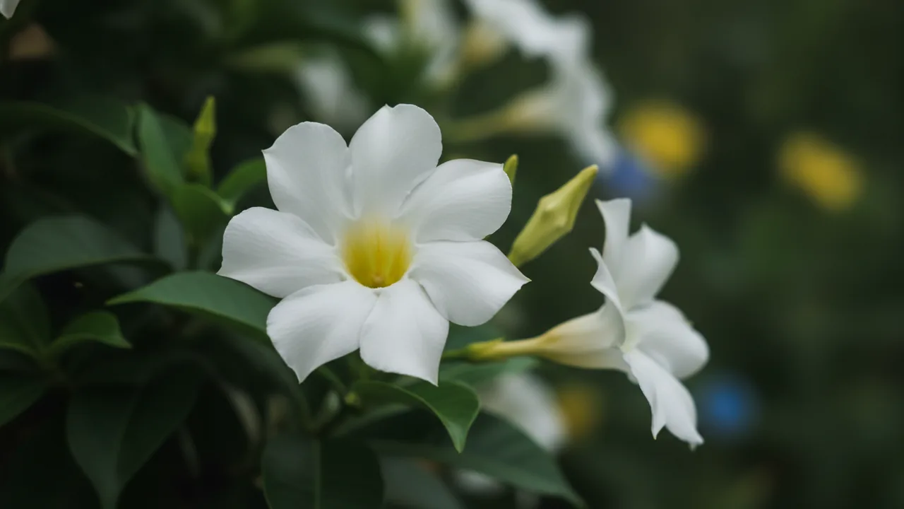 Sun Parasol White (Mandevilla 'Sun Parasol White') - white flowers, illustrated plant card