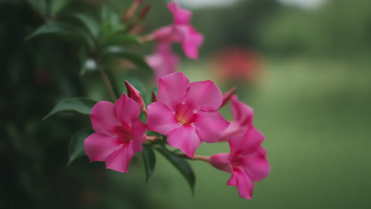 Mandevilla - pink flowers, illustrated plant card