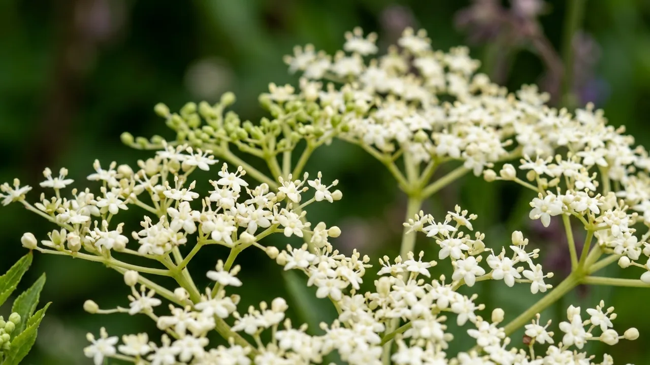 Marge Elderberry (Sambucus nigra 'Marge') - white flowers, illustrated plant card