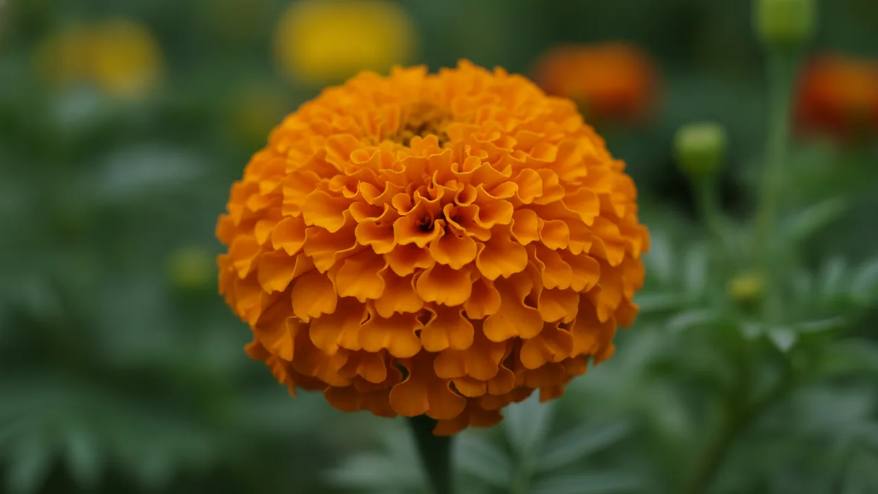 African Marigold (Tagetes erecta) - orange flowers, illustrated plant card