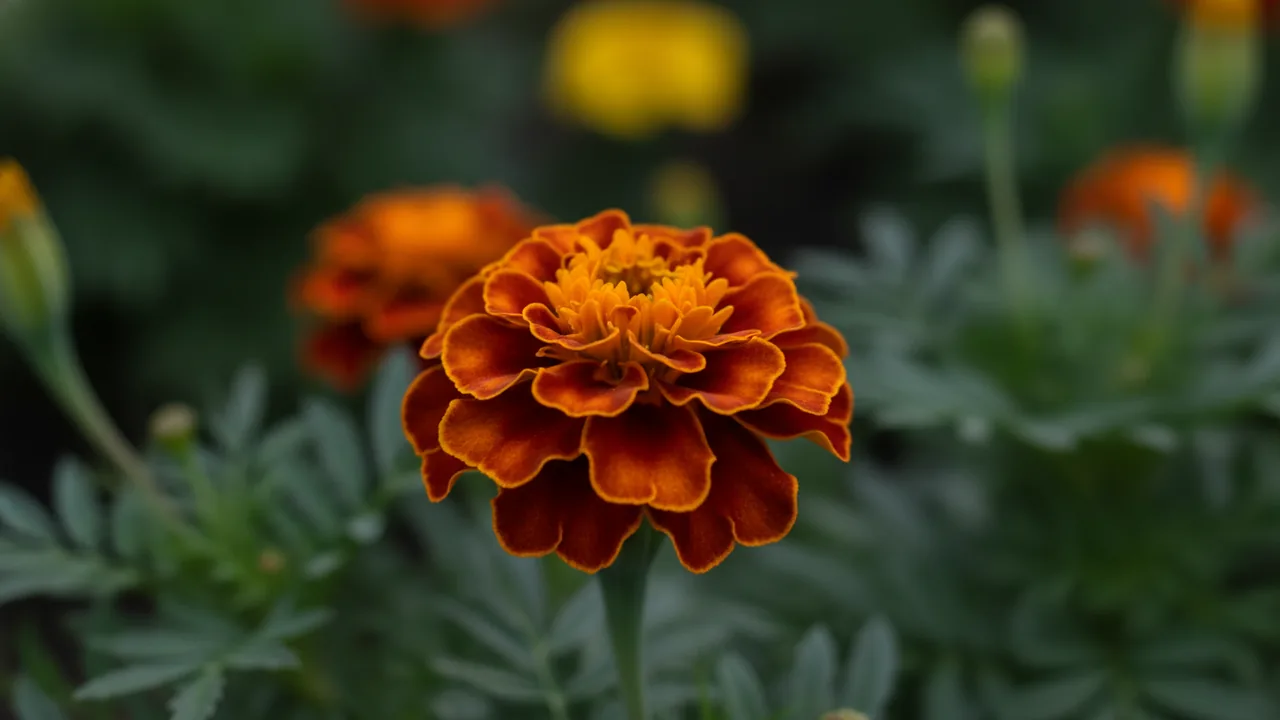 Bicolor Marigold (Tagetes patula 'Bicolor') - red flowers, illustrated plant card