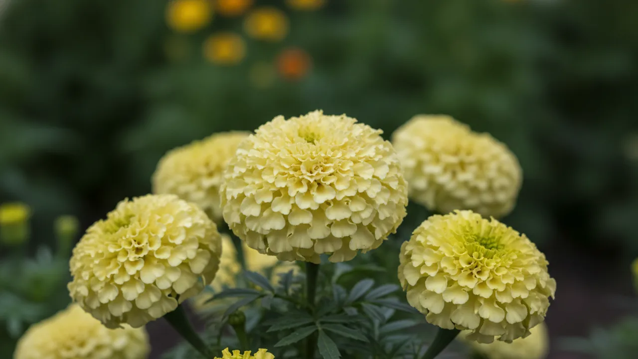 Cream Marigold (Tagetes erecta 'Vanilla') - white flowers, illustrated plant card