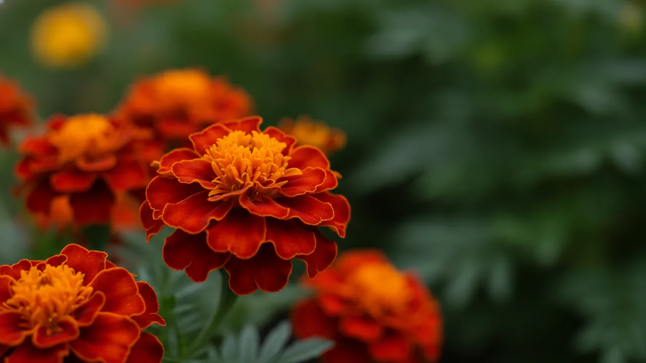 Red Marigold (Tagetes patula 'Red') - red flowers, illustrated plant card